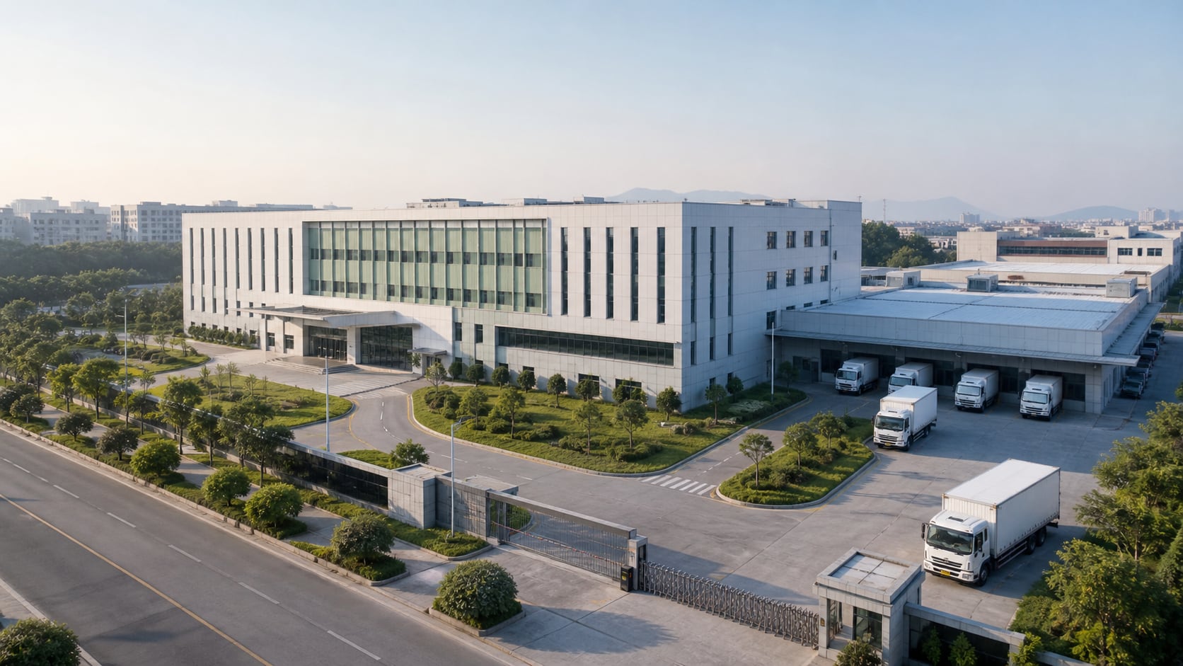 Modern cosmetics manufacturing campus concept view