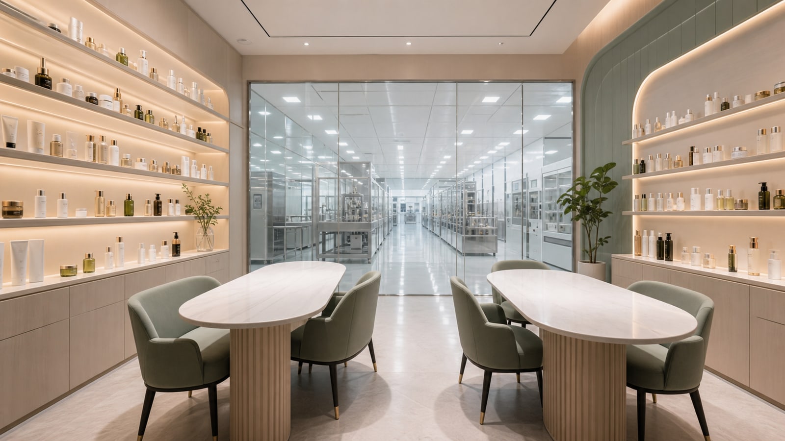 Concept view of a skincare showroom connected to a production corridor